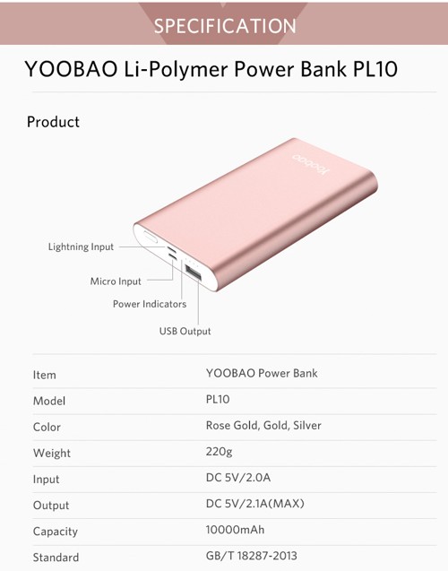 Thông số Yoobao YB-PL10 - 10000mAh